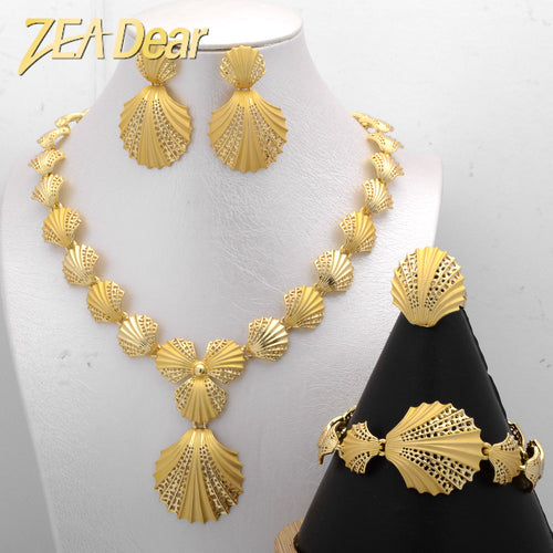 Western Retro French Feel Frosted Gold Shell Cutout Design Long Style Necklace Bracelet Set Earrings Ring Simple Set