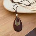 Zen Breeze Wood Teardrop Sweater Chain Women Vintage Distressed Metal Lens Long Style Leather String Neo-Chinese Cotton Linen Accessory Item