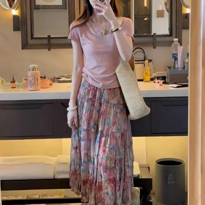Two-Piece Short Sleeve T-Shirt + Floral Skirt Set, 2026