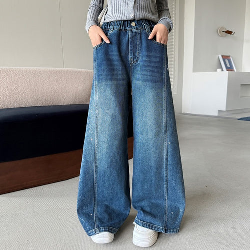 Girls' Silver Splatter Side Spliced Wide-Leg Jeans