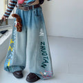 Girls' Striped Cartoon Tee & Graffiti Jeans Set