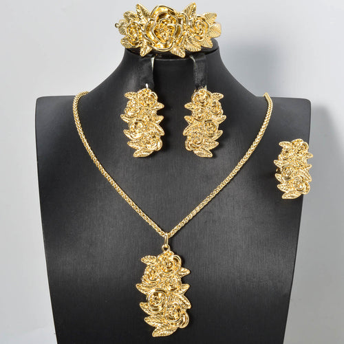 Overseas Export Western Metal Rose Flower Necklace Bracelet Set Earrings Ring Knot Wedding Middle East Women Banquet Set