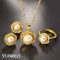 Overseas New Release Imitation Pearl Pendant Mini Set Rhinestone Necklace Ring Earrings 3-Piece Set Western Women Jewelry