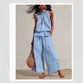 Women's Summer Casual Linen Cotton Sleeveless Ruffle Wide Leg Pants 2-Piece Set 2026 - Red