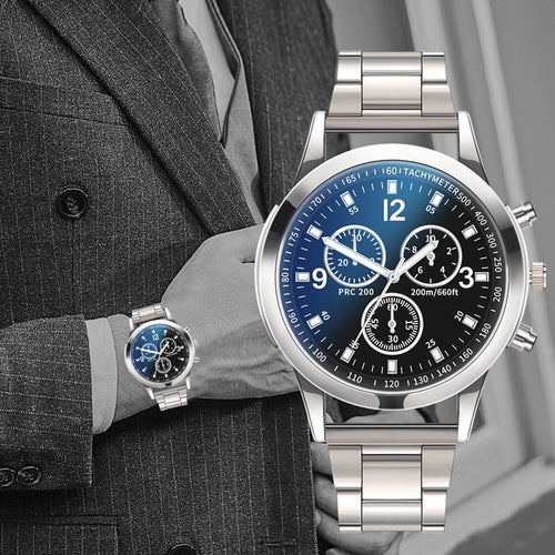 Factory Direct Vivid Blue Light Glass 3 Eye Steel Band Watch Men Quartz Watch Gift Men Overseas Watch