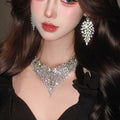 Silver Heavy-Duty v Type Full Diamond Fringe Necklace Earrings Set Clasp Design Elegant Drop Evening Gown Accessory Item