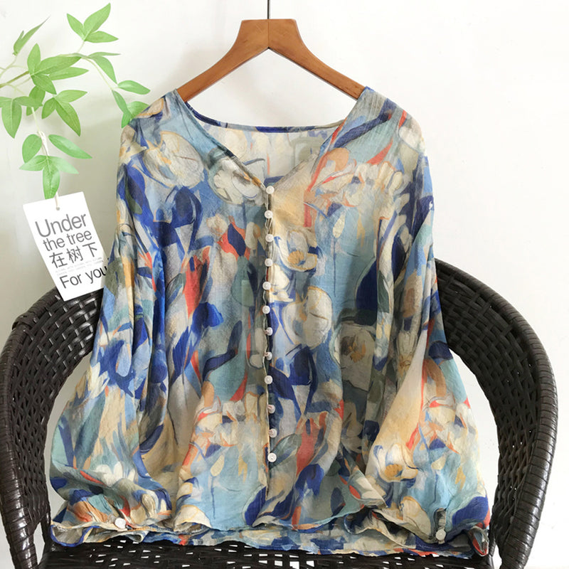 Summer Slimming 3/4 Sleeve V-Neck Printed Lightweight Shirt