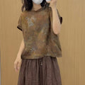 Summer Korean Artistic Ramie Mini Flutter Sleeve Stand Collar Printed Loose Shirt