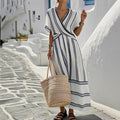 V-Neck Short Sleeve Flare Dress - Pleated Wide Swing Summer Vacation Dress Women