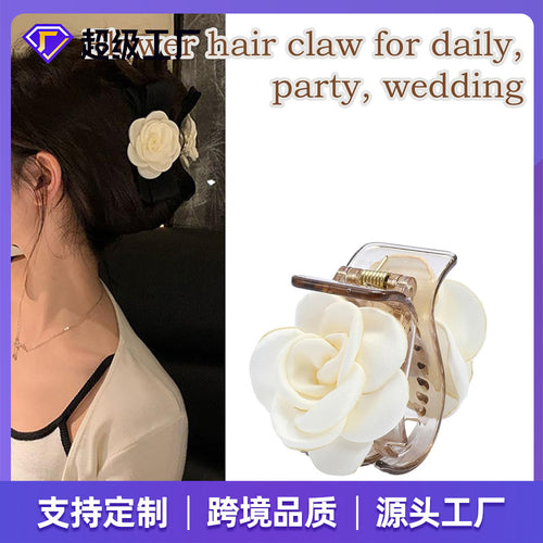 Romantic French Satin Flower Claw Milk Tea Mountain Tea Flower Hair Clip Rose Bow Clip Elegant Hair Accessory