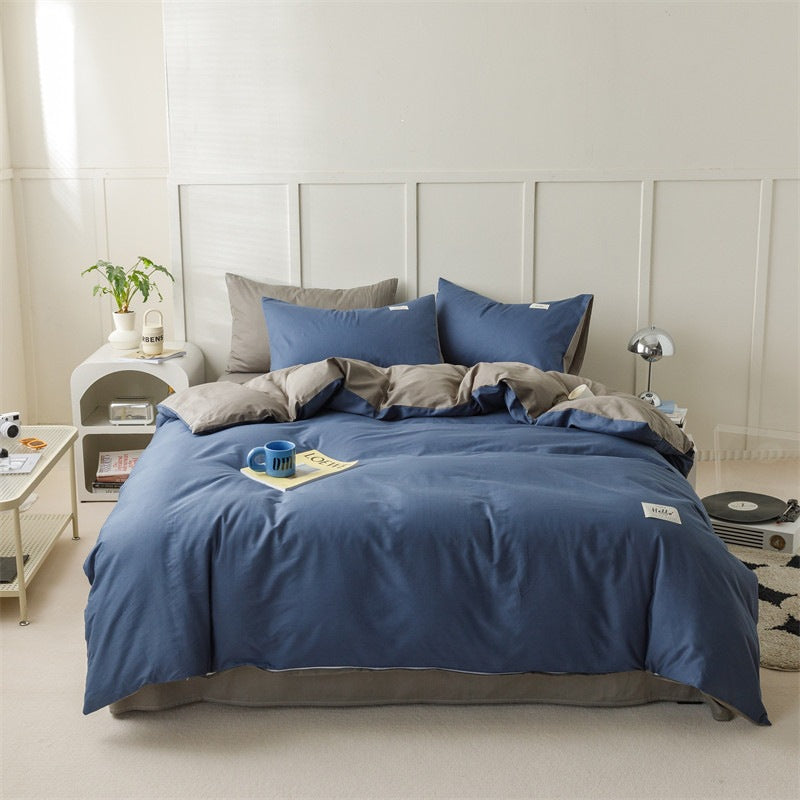 Denim Blue and Light Grey Cotton 4-Piece Bedding Set - view 3