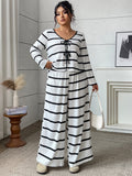 Women's Casual Plus Size Long Sleeve Tie-Front Striped Loose Wide Leg Pants + Top 2-P - Black