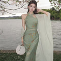 New Chinese Style Floral Halter Modified Cheongsam Dress Set