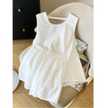 Summer Fashion Elegant Linen Cotton Sleeveless Hollow-Out Loose Tank Top + Shorts 2-Piece Set