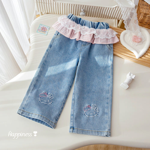 Girls' Plaid Lace Cartoon Embroidered Jeans