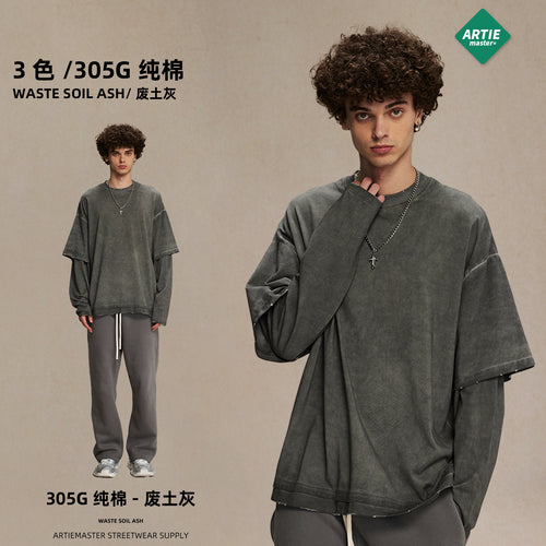 ARTIE Unisex Fall Dirty Dye Ripped Faux Layered T-Shirt