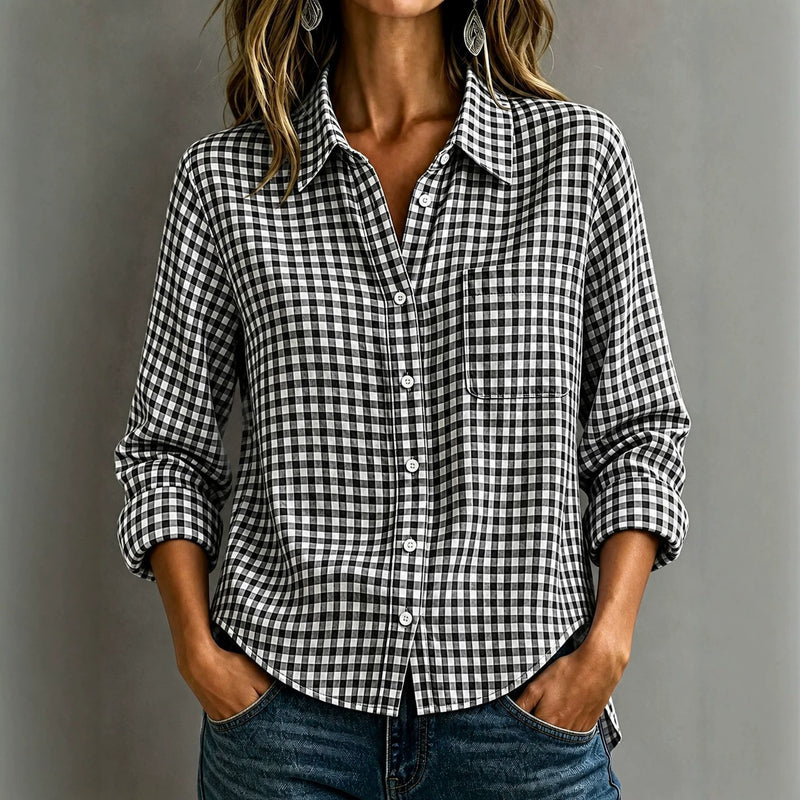 Spring-Summer Casual Long Sleeve Lapel Collar Plaid Loose Shirt