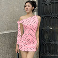Polka Dot Print Bodycon Dress - Sexy Tie Shoulder Slim Fit Dress Women
