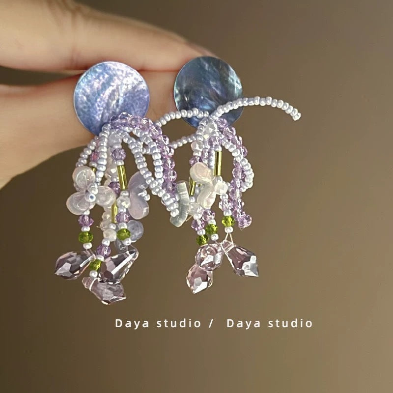 Purple Raffia Openwork Flower Tassel Earrings - view 11