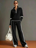 Sporty Retro High Neck Mock Neck Waist-Tie Patchwork Hoodie + Pants Set