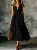 Elegant V-Neck Pocket Pleated Sleeveless Camisole Dress