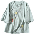 Women's Summer Ethnic Retro Plus Size Linen Cotton Embroidered Stand Collar Diagonal - Khaki