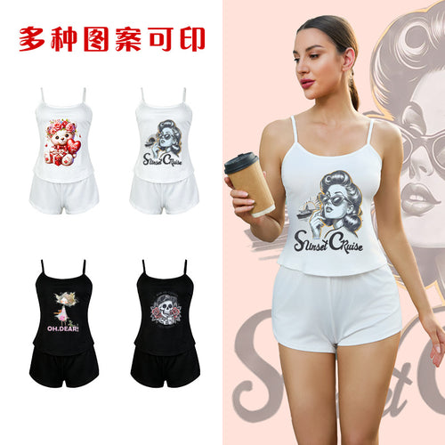 亚马逊女士图案印花吊带短裤柔软亲肤牛奶丝家居服套装928可外穿