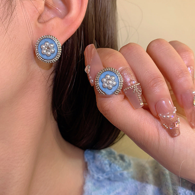 Blue Enamel C-Shaped Stud Earrings - view 2