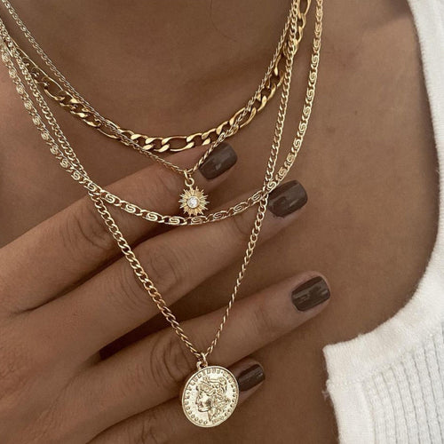 EU/US Import New Fashionable Accessory Personality Punk Breeze Coin Pendant Clavicle Chain Metal Multi-Layer Necklace Women