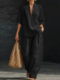 Summer Old Money Relaxed Linen Short Sleeve V-Neck Loose Wide Leg Pants + Top 2-Piece Set
