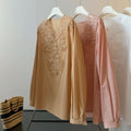Summer Slimming Linen Cotton Lace Long Sleeve V-Neck Patchwork Heavy Shirt
