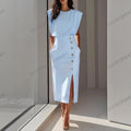 Metal Button Slit Dress - Round Neck Waist-Cinching Elegant Summer Dress Women