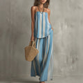 Women's Vacation Casual Linen Cotton Striped Loose Wide Leg Camisole + Pants 2-Piece - Sky Blue