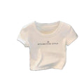 Cotton Crop Top - White Round Neck Slim Fit Short Sleeve Cropped Shirt Women