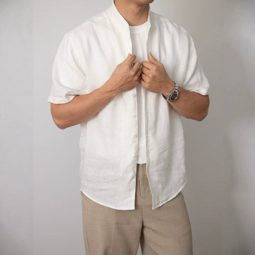 Nengmeng Stand Collar Linen Texture Cooling Shirt