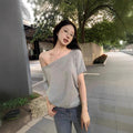 Off-Shoulder Oversized T-Shirt - Casual Solid Color Irregular Hem Short Sleeve Top