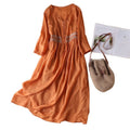 Cotton Ethnic Embroidered Crew Neck 3/4 Sleeve Mid-Length Dress