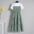 Plus Size Spliced Maxi Dress - French Style Waist-Cinching Short Sleeve with Straps