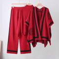 Fall-Winter Casual Elegant Knit Wool Wide Leg Pants + Sweater + Shawl + Cape 3-Piece Set
