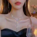 Imperial Breeze Simple Rhinestone Geometric Wave Shape Stud Earring Necklace Set Fashionable Clavicle Chain Light Luxury Premium Necklace