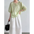 Summer Korean Ramie Tencel Half Sleeve Tie-Front Loose Shirt