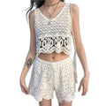 Women's Summer Bohemian Ethnic Lace Crochet Hollow-Out Crochet Camisole + Shorts 2-Pi - White