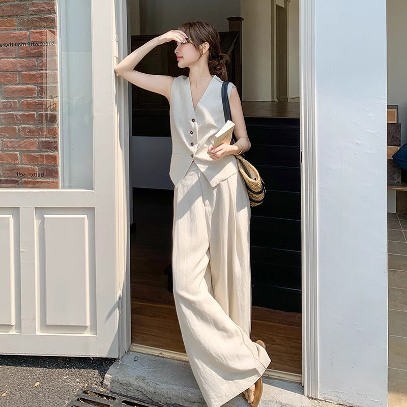 Summer Old Money French Wide Leg Pants + Vest 2-Piece Set