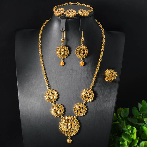 Overseas Flower Necklace Earrings Set Bracelet Ring Jewelry Set 18k Copper Gold Plated Dubai India Bride Jewelry