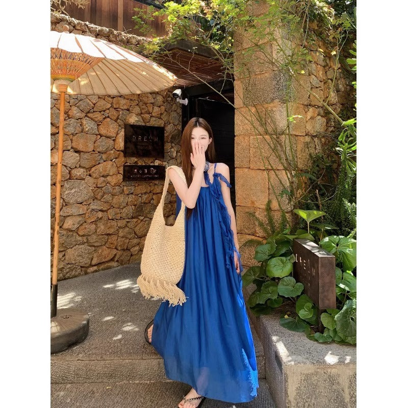 Klein Blue Camisole Long Dress, Seaside Vacation Travel