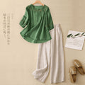 New Chinese Ethnic Linen Cotton Short Sleeve Wide Leg Pants + Top Set