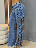 D8727 Side Hollow Denim Panel Straight Leg Pants