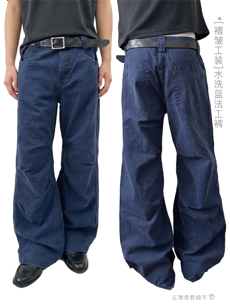 eme washed blue french blue overalls destroy wrinkles cleanfit straight casual wide leg pants for me