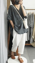 Cotton Linen V-Neck T-Shirt - Plus Size Casual Summer Lightweight Top Women
