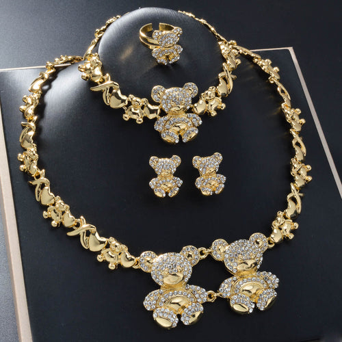 Overseas 18k Gold Plated Bear Rhinestone Middle East Dubai Accessory Necklace Earrings Set Bracelet Ring Jewelry Set Wholesale